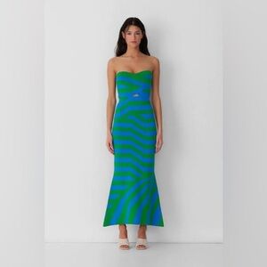 The Wolf Gang Aude Strapless Maxi Dress Green Blue Print Sz M